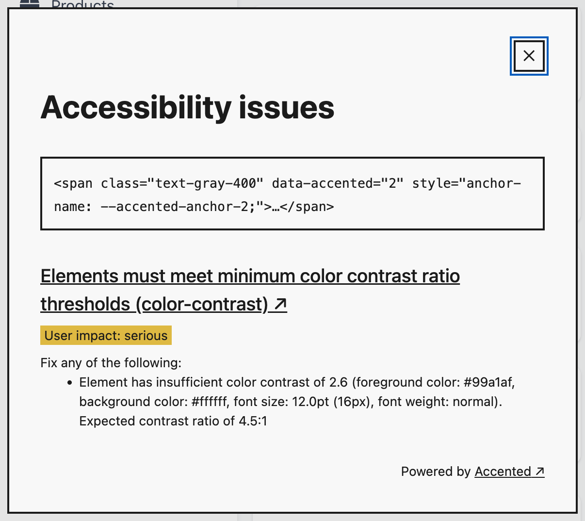 A screenshot of a dialog displaying accessibility issue information.