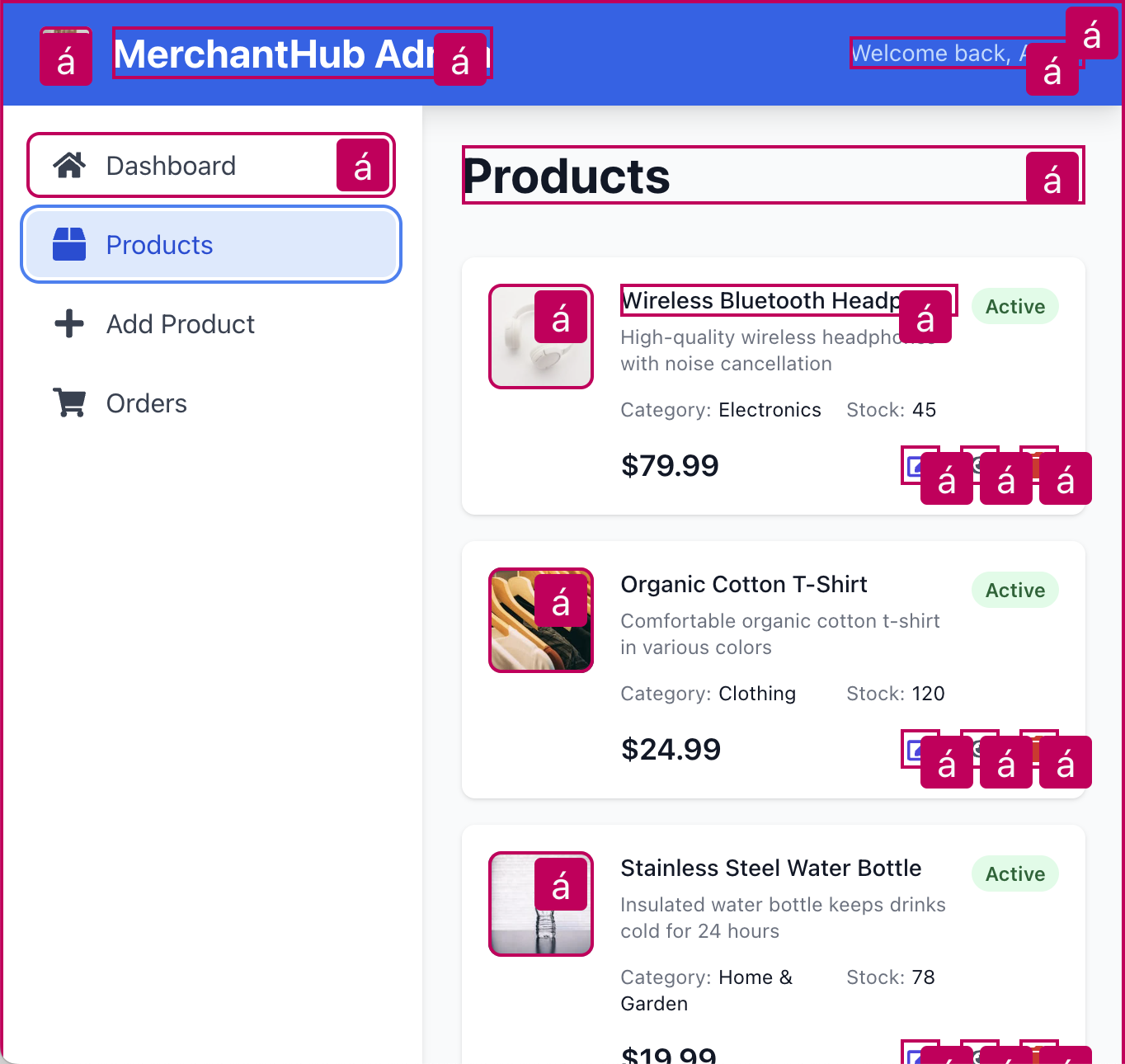 Screenshot of the same application with Accented highlighting accessibility issues.