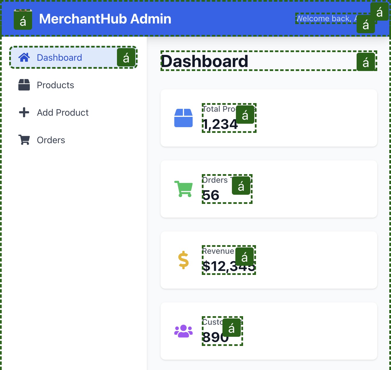 Screenshot of the same web application, also with highlights by Accented. The highlights are dark green instead of violet red, and the outlines are dashed instead of solid.