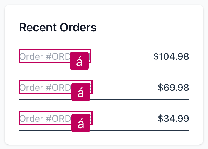 A screenshot of a 'Recent orders' block in a web application. There are three pieces of low-contrast text, which all have violet-red outlines, and large violet-red square buttons are aligned with the top right corners of those pieces of text.